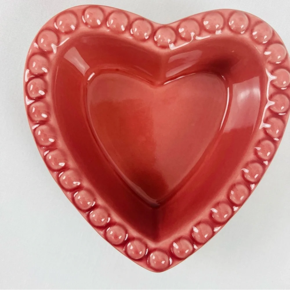 Retired Williams Sonoma Ramekins Heart Shape Beaded Plate Trinket Red Dessert